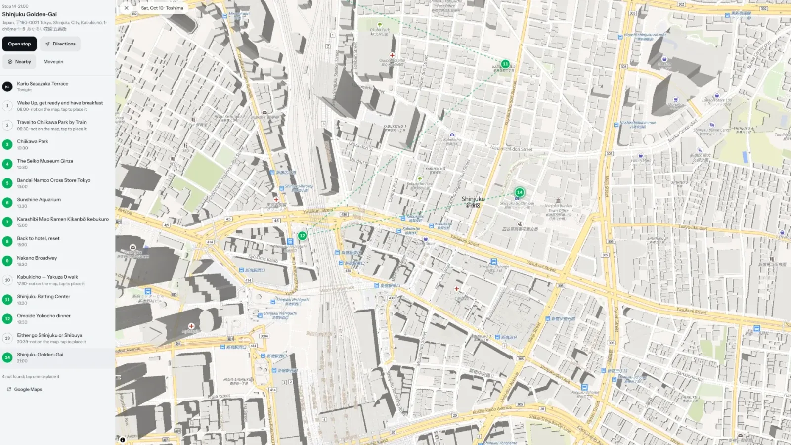 3D map of Shinjuku with extruded buildings and the day's stops pinned.