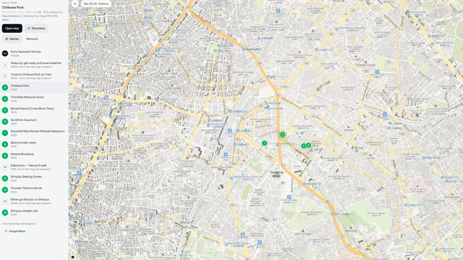 Zoomed-in map around Ikebukuro with one stop selected, showing its address and Open stop, Directions, and Nearby buttons.