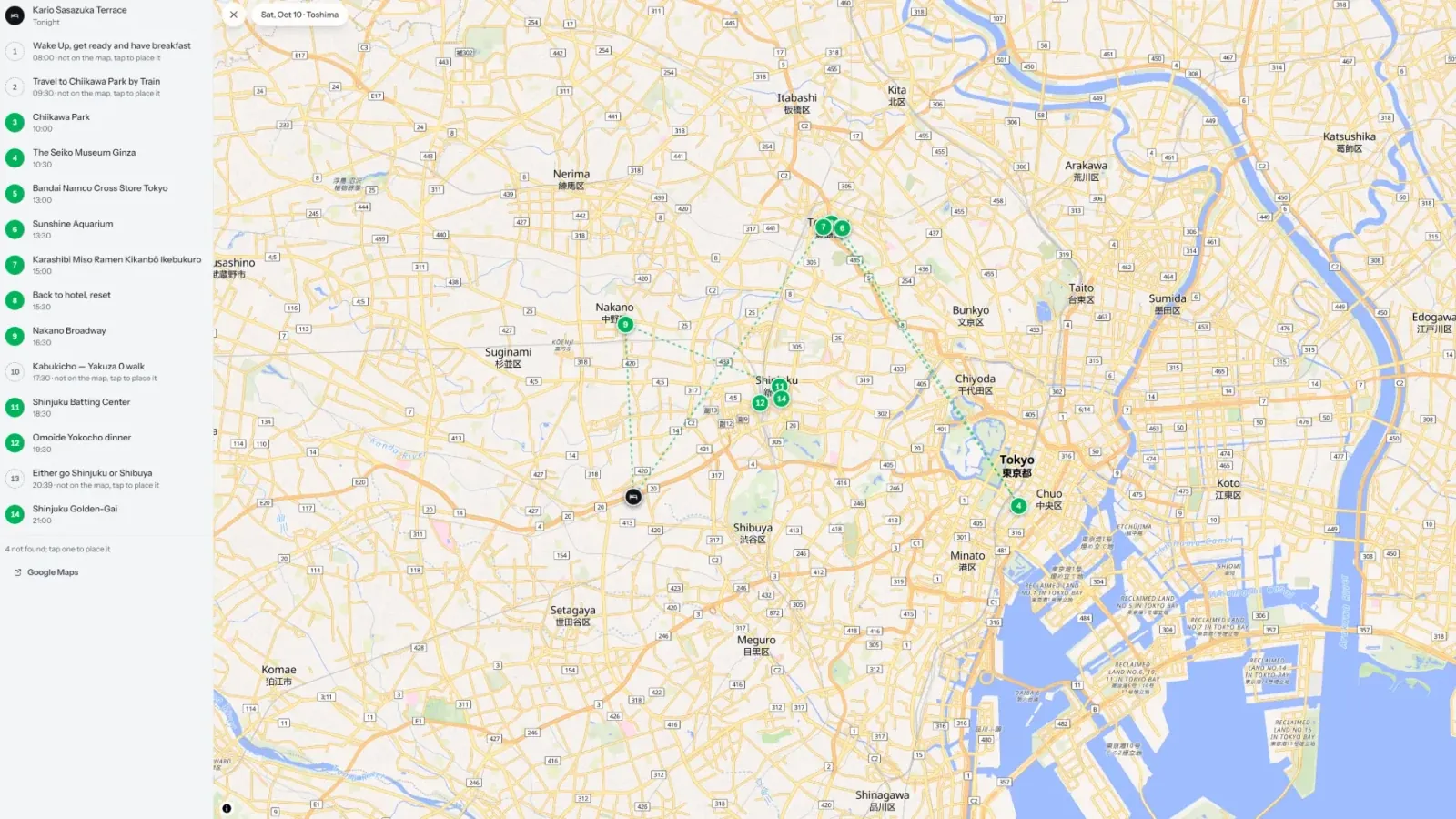 Map of Tokyo with the day's numbered stops joined by a dotted route, next to the day's stop list.