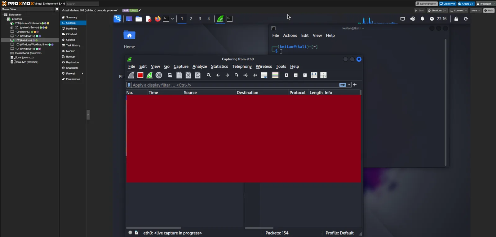 Proxmox VE web console showing a Kali Linux VM running a live Wireshark capture on eth0, with Ubuntu, Windows, and game server guests listed in the sidebar. The packet list is redacted.