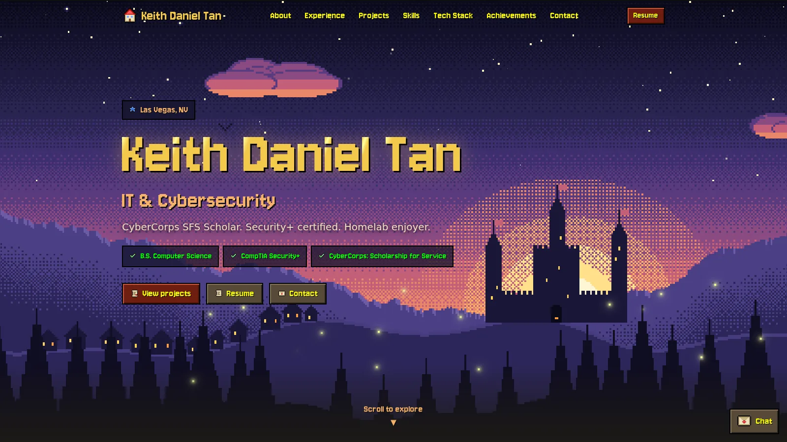 The portfolio landing page: "Keith Daniel Tan" in gold pixel letters over an animated dusk landscape with a castle against the setting sun.