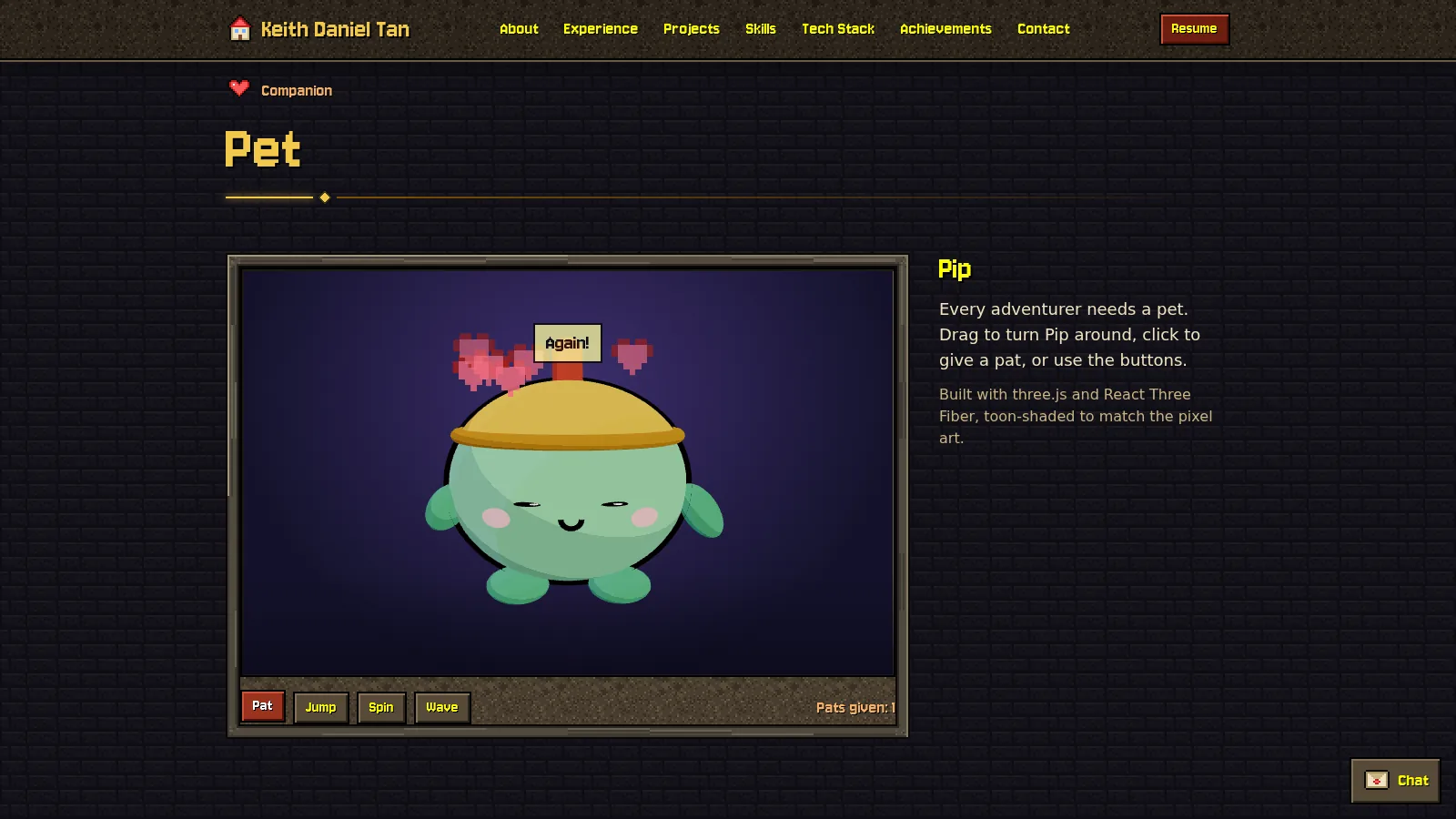 Pip, a round mint slime in a gold knight helmet, rendered in 3D with happy closed eyes while pixel hearts float above it.