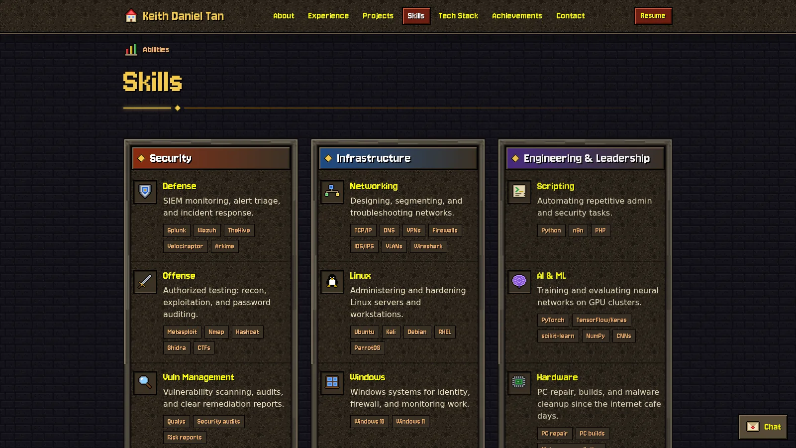 The Skills section: three stone panels for Security, Infrastructure, and Engineering and Leadership, each listing skills with pixel icons and tool tags.